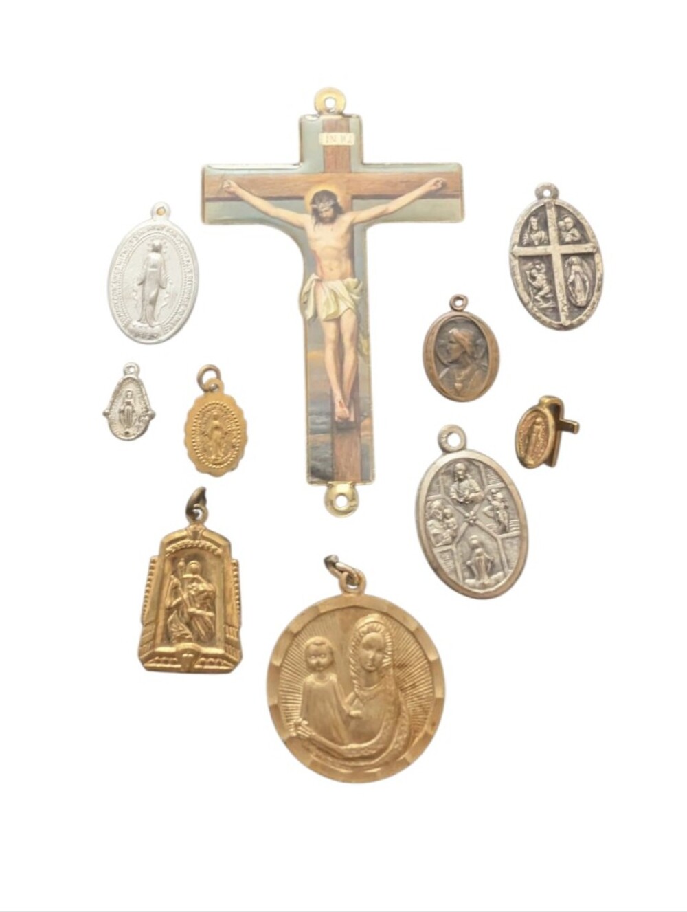 Estate Vintage Religious Medal and Crucifix Set - Mixed Gold & Silver Tones